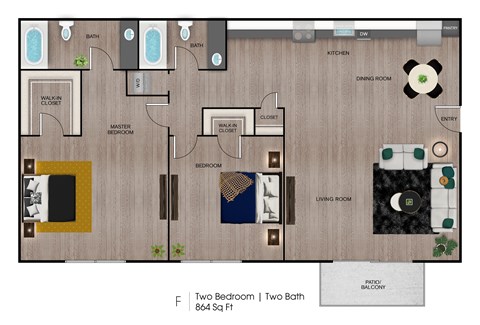 Floor plan for 2 beds, 2 baths, 864 sqft